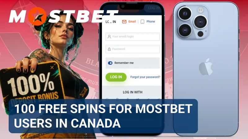 A mobile casino screen shows the MostBet Canada 100 free spins bonus beside animated slot reels.