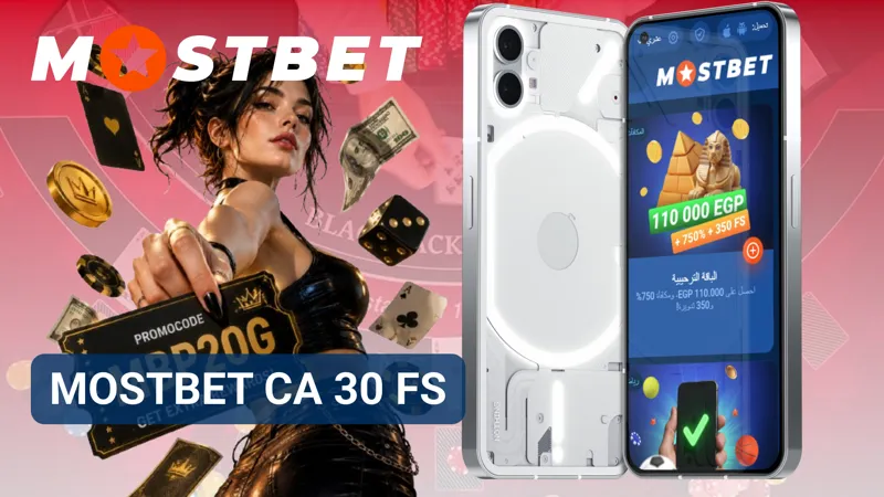 A smartphone screen displays the MostBet Canada 30 free spins bonus near colorful slot reels.