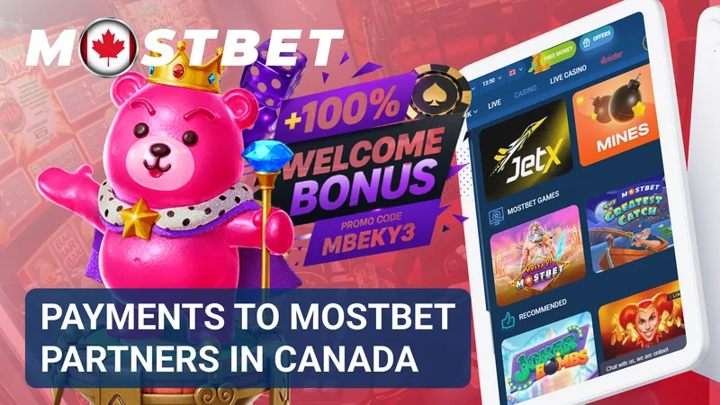 Mostbet partner payments in Canada banner beside a casino catalogue on a tablet