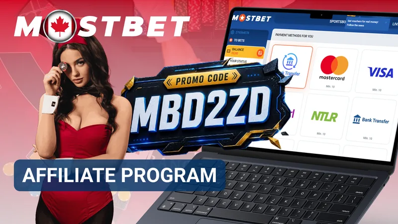 Mostbet Affiliate Program banner with a promo code and payment options on a laptop