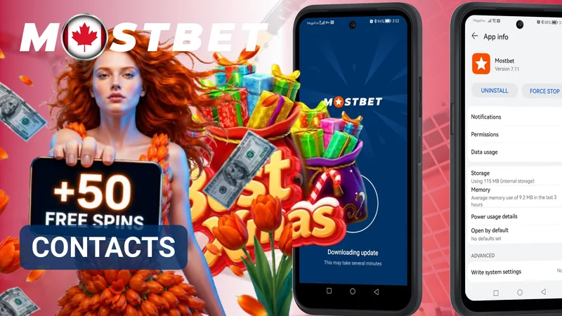 Mostbet contacts banner with promotional gifts and mobile app screens