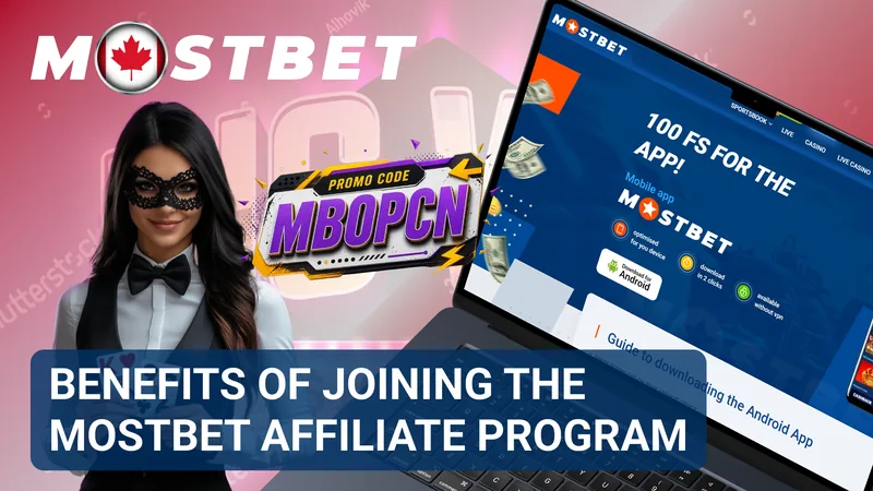 Mostbet affiliate benefits banner with a promo code and app promotion on a laptop