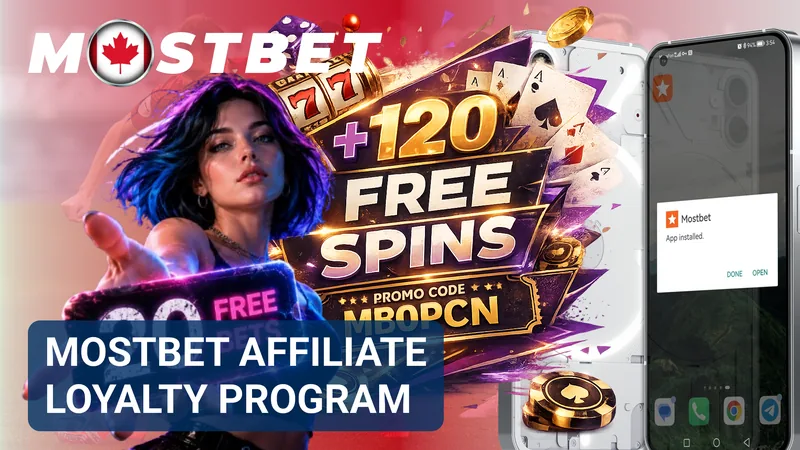 Mostbet affiliate loyalty program banner with bonus graphics and smartphones