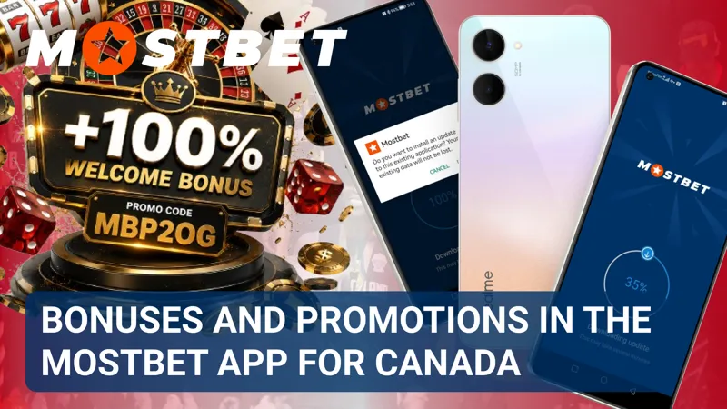 Promotions page in the MostBet app showing available bonuses for Canadian users.