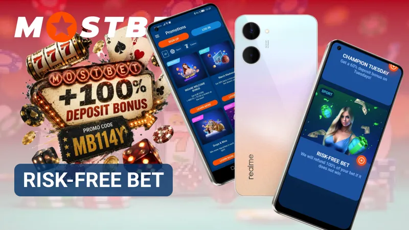 Promotional screen presenting a risk-free bet offer on MostBet.