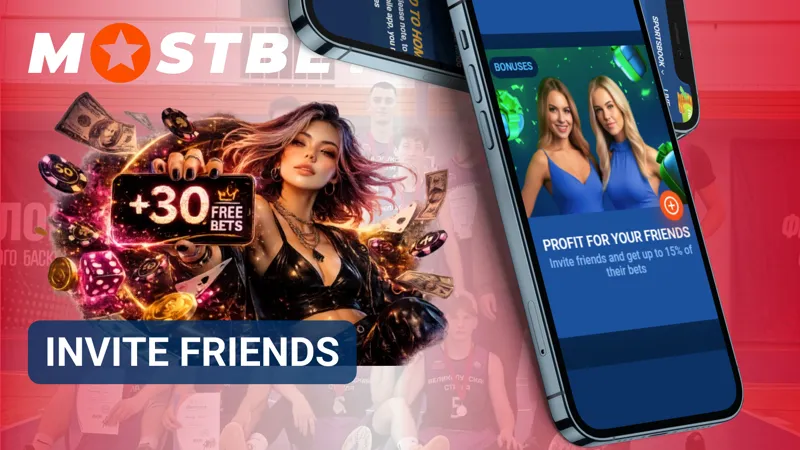 Referral program page showing rewards for inviting friends to MostBet.