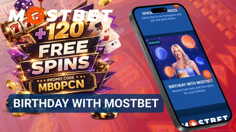 Birthday-themed promotion page featuring special rewards on MostBet.