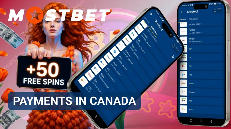 Payment interface showing Canadian dollar transactions and supported methods on MostBet.