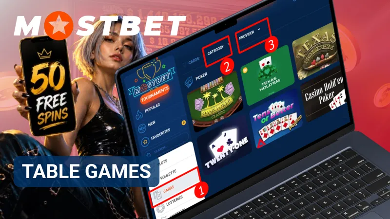 Table game section featuring card games and roulette options in the MostBet casino.
