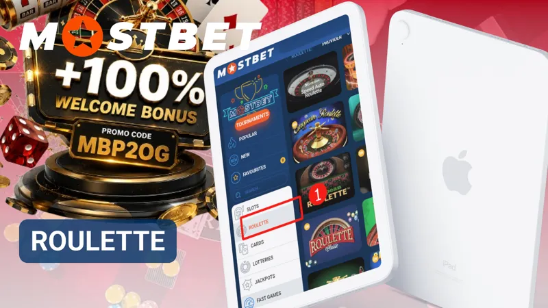 Roulette table with betting fields and a spinning wheel in the MostBet casino.