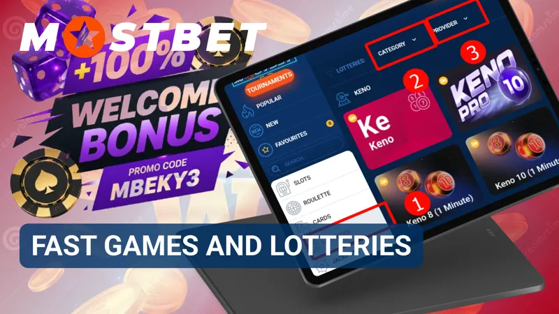 Fast-paced casino games and lottery options displayed in the MostBet lobby.