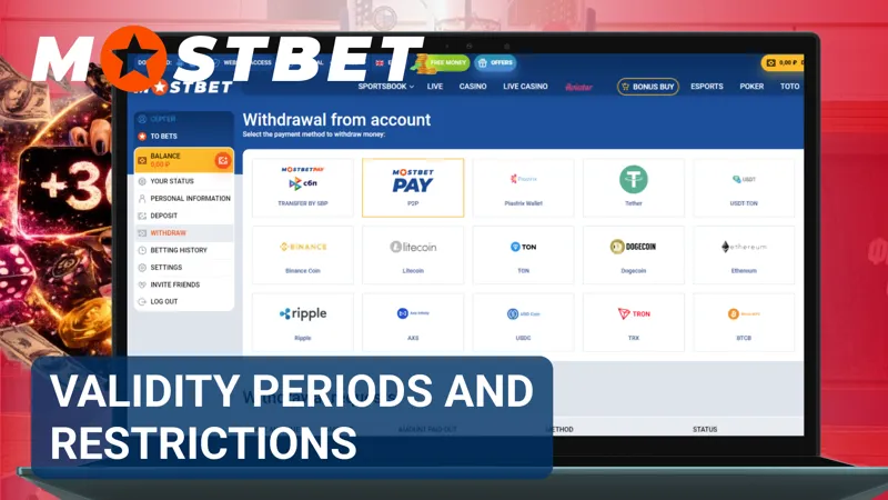 Bonus terms page outlining expiration periods and usage conditions on MostBet.