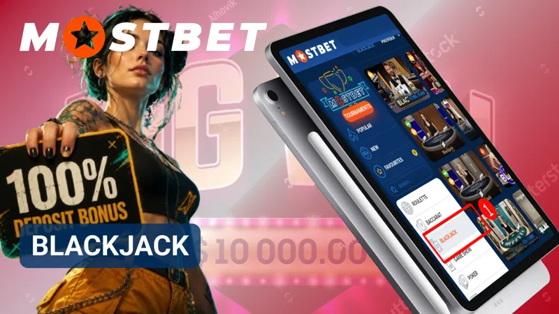 Blackjack game interface showing cards, chips, and available actions on MostBet.