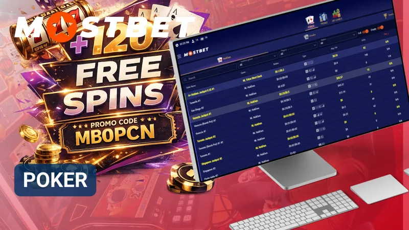 Poker game screen featuring cards, betting rounds, and table positions on MostBet.