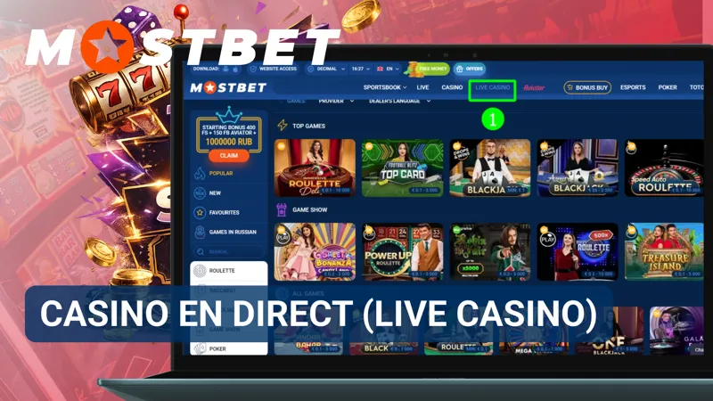 Utilisateur jouant à des jeux de casino en direct avec un vrai croupier sur Mostbet.