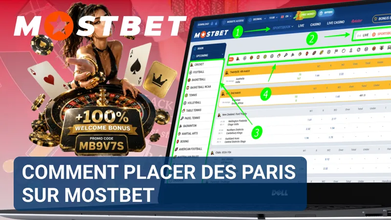 Interface de paris affichant la sélection des événements et le placement des mises sur Mostbet.