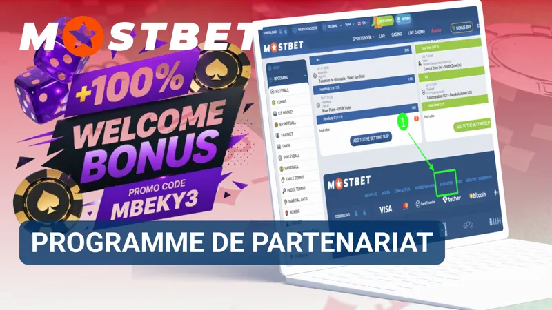 Tableau de bord des affiliés présentant les opportunités de partenariat et les outils de parrainage sur Mostbet.