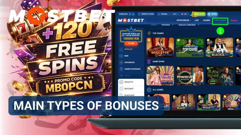 Overview of different bonus categories available on the Mostbet platform.