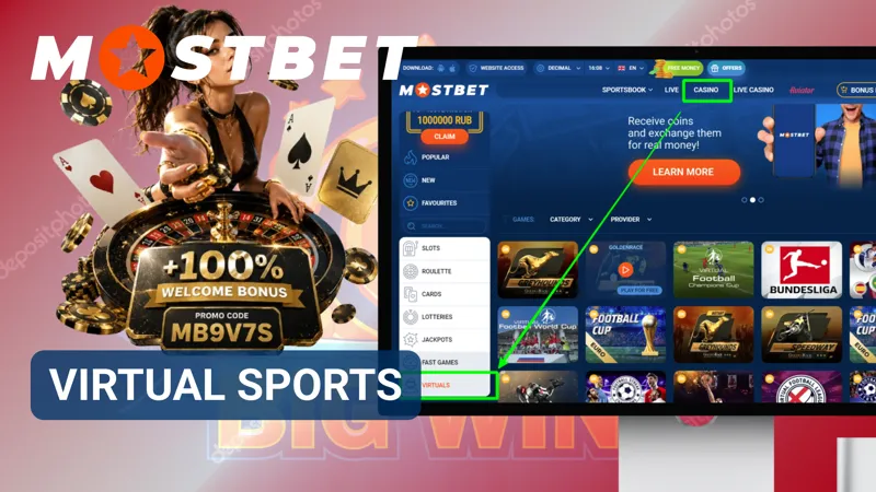 Virtual sports events with simulated matches and betting markets on Mostbet.