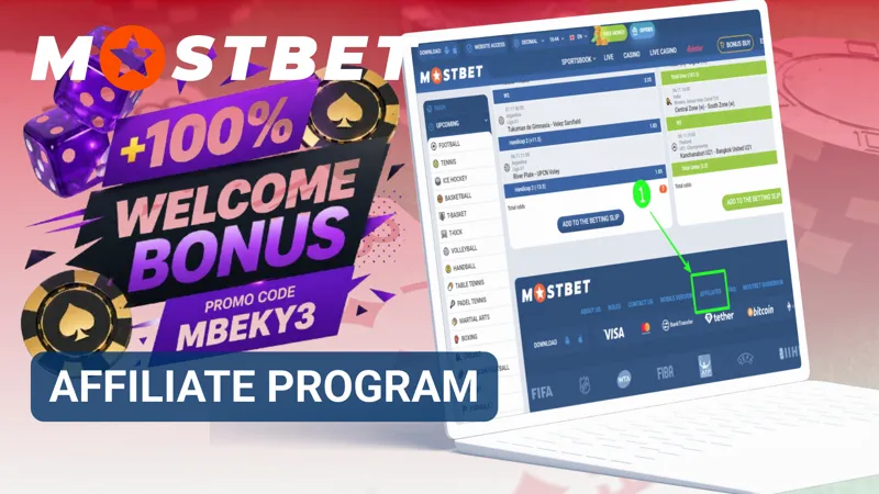 Affiliate dashboard showing partnership opportunities and referral tools on Mostbet.