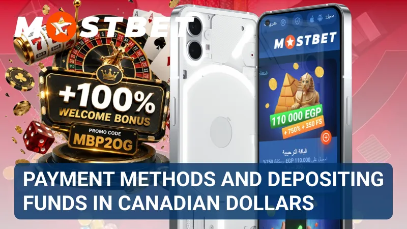 Player choosing a payment option to deposit Canadian dollars into a Mostbet account.