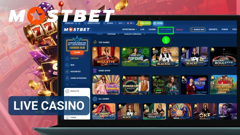 User playing live casino games with a real dealer on Mostbet.