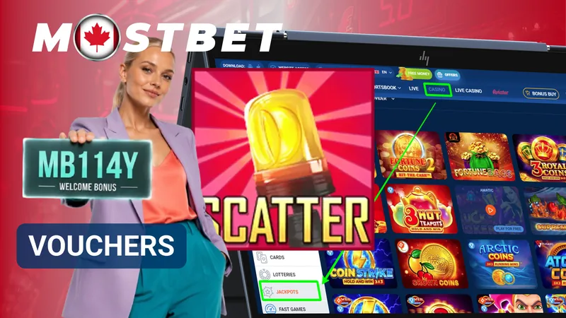 Mostbet voucher banner with a bonus card and casino games on a laptop