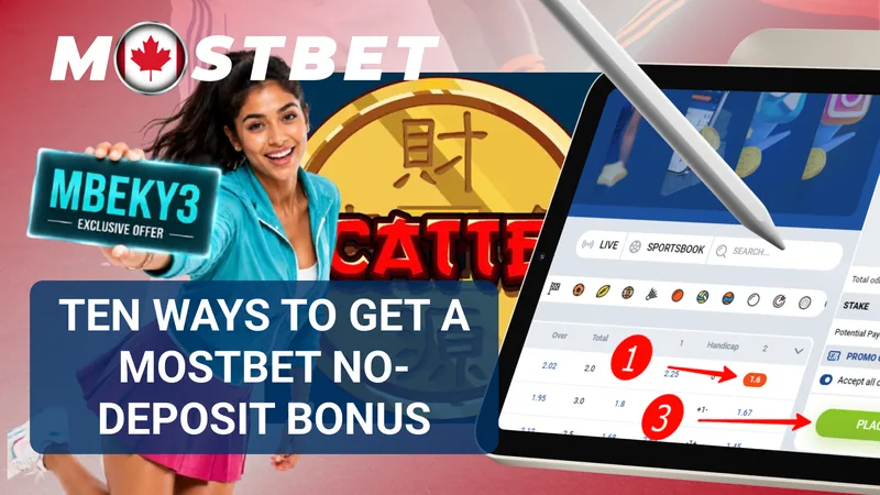 Ten Mostbet bonus options illustrated with a promo card and betting screen
