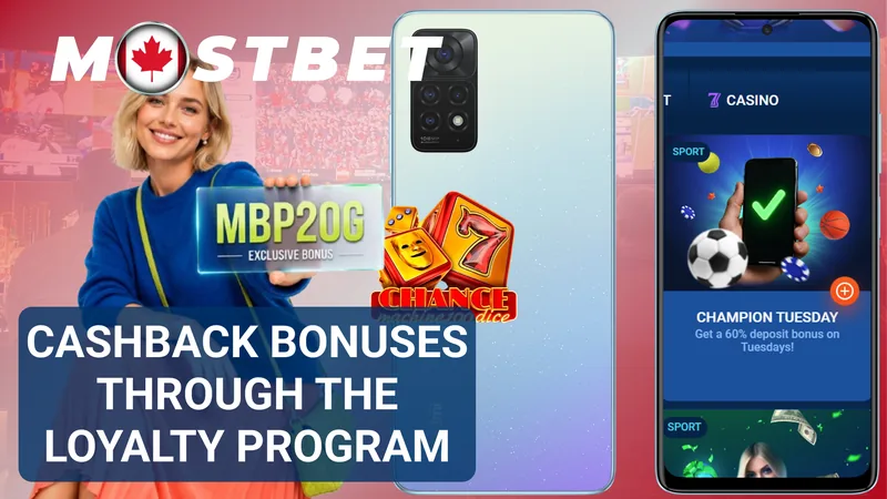 Mostbet loyalty cashback banner with a bonus card and mobile promotions