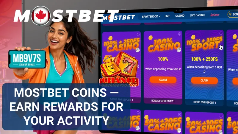 Mostbet Coins rewards banner with a promo card and bonus offers on a monitor