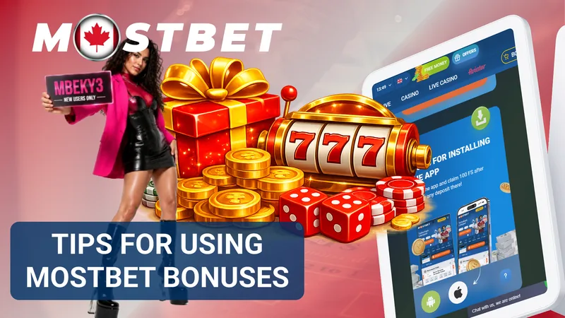 Mostbet bonus tips banner with gifts, casino chips and an app download screen