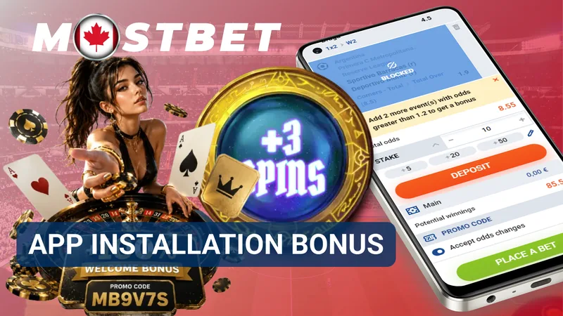 Mostbet app installation bonus banner with a mobile betting screen and spins symbol