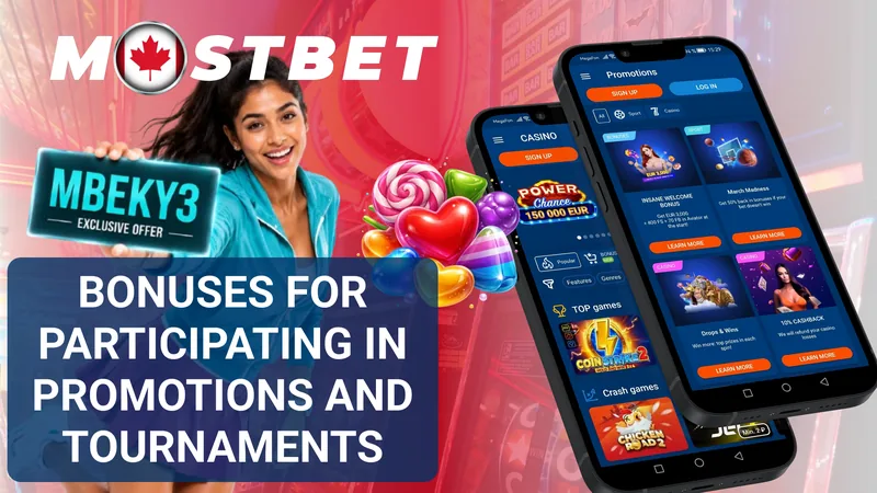 Mostbet promotions and tournaments banner with two mobile casino screens