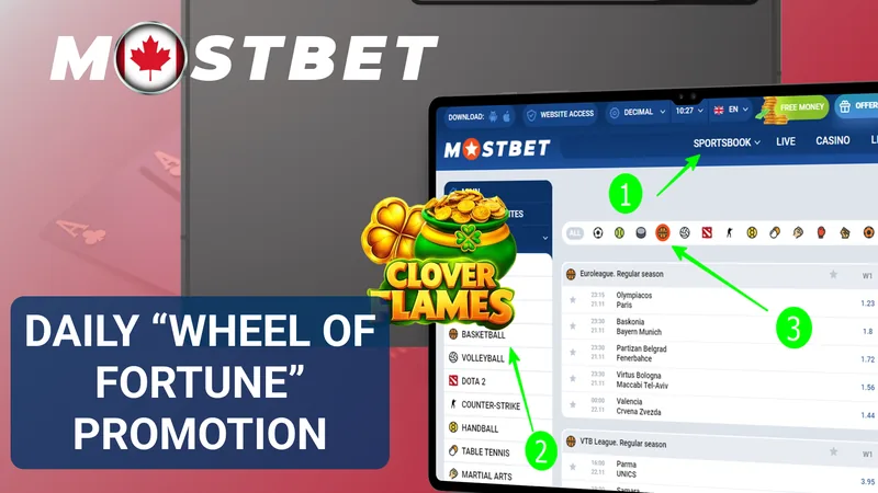 Mostbet daily Wheel of Fortune promotion banner beside the sportsbook screen