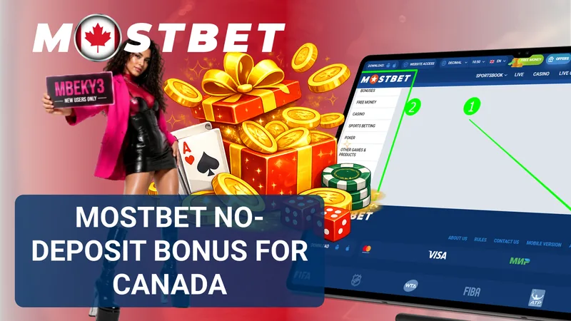Mostbet Canada no-deposit bonus banner with gifts, coins and the website menu