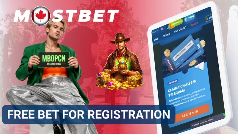 Mostbet registration free bet banner with a welcome bonus card and tablet