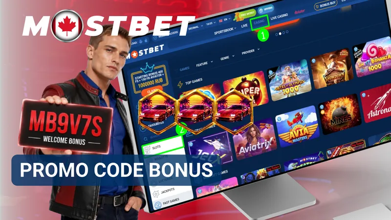 Mostbet promo code bonus banner beside the casino game catalogue