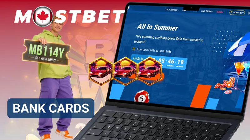 MostBet bank card deposit banner with a bonus card and laptop