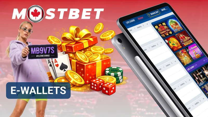 MostBet e-wallet deposit banner with gifts, coins and a tablet