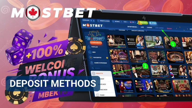 MostBet deposit methods banner beside a casino catalogue on a laptop