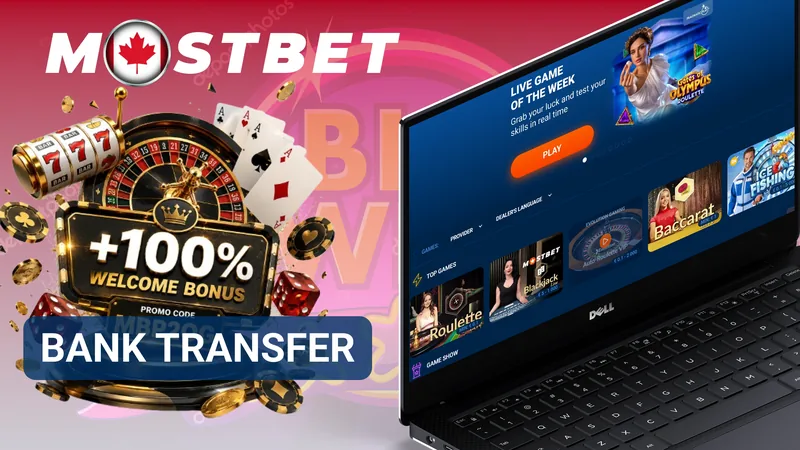 MostBet bank transfer banner with casino graphics and a laptop