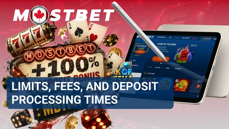 MostBet deposit limits, fees and processing times banner with a tablet and bonus graphic