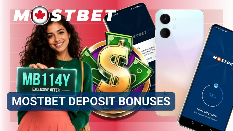 MostBet deposit bonuses banner with a dollar symbol and mobile app screens