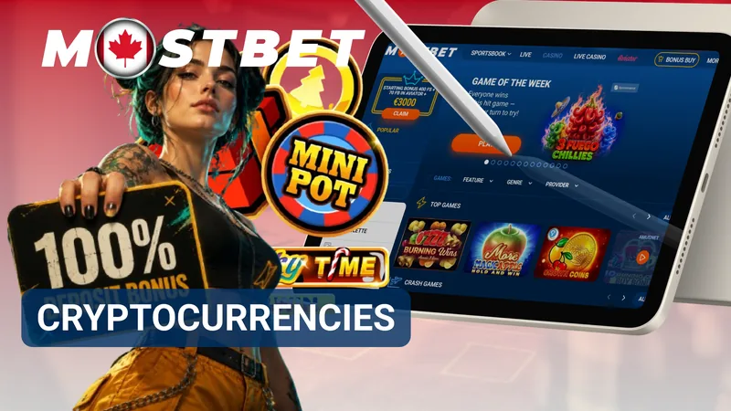 MostBet cryptocurrency deposit banner beside a casino screen on a tablet