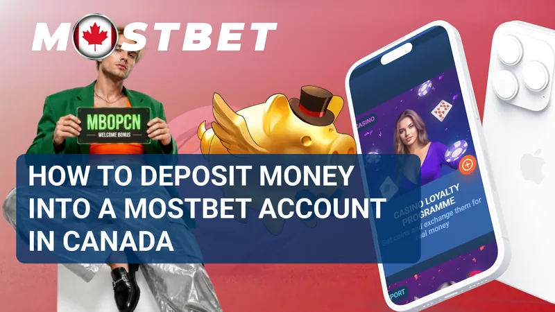 MostBet Canada deposit guide banner with a golden piggy bank and smartphones