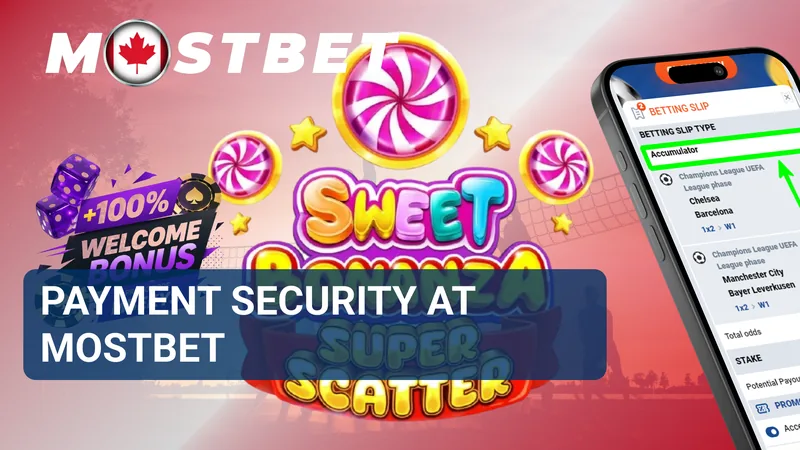 MostBet payment security banner with casino graphics and a mobile bet slip