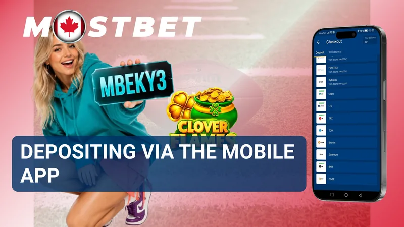 MostBet mobile app deposit banner showing payment options on a smartphone
