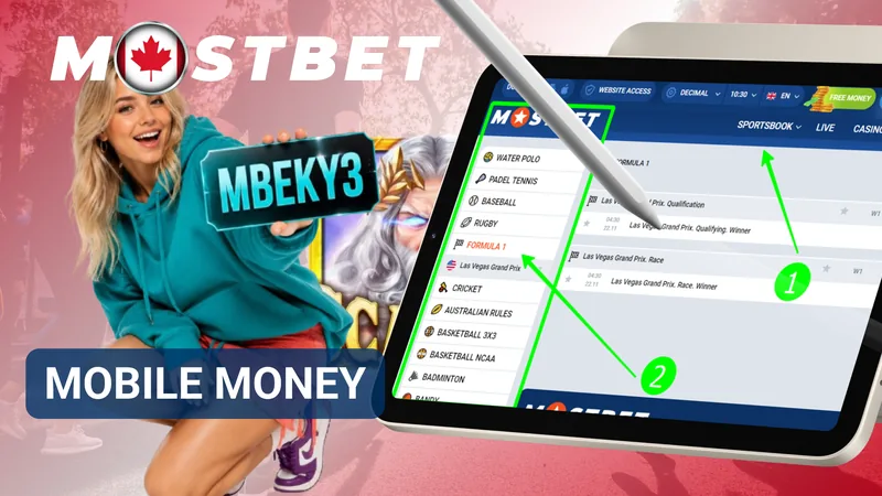 MostBet Mobile Money banner with a promo card and sportsbook tablet