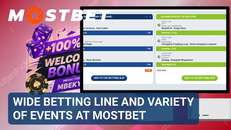 Betting categories and upcoming sports events featured in the MostBet sportsbook.