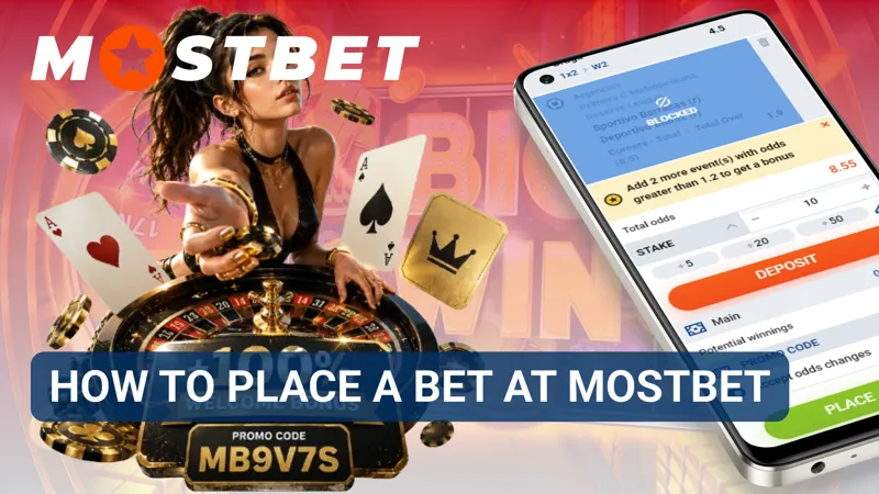 Step-by-step betting process shown in the MostBet sportsbook interface.